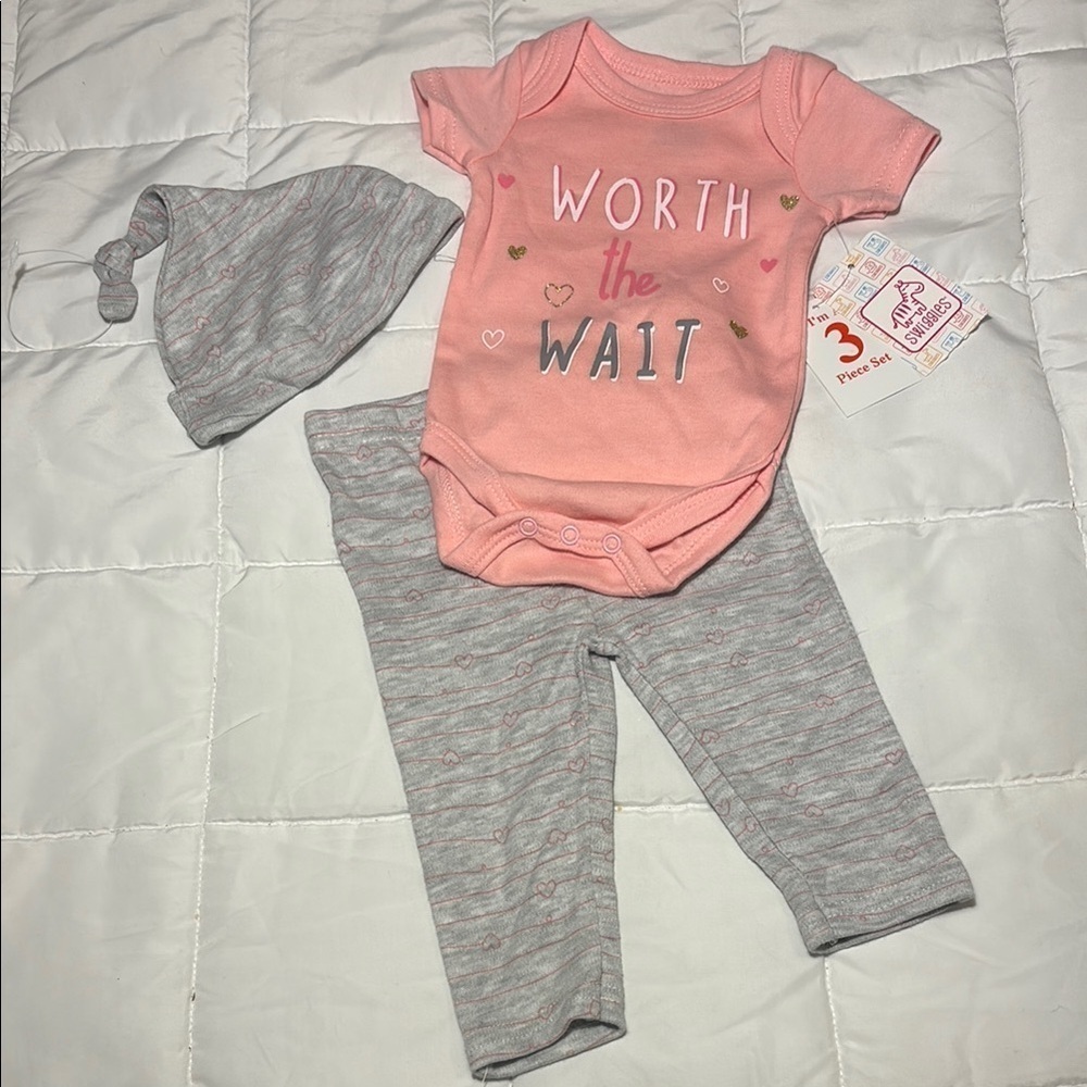 Pink and Gray Baby Outfit Set, Onsie, Pants, and Hat - Picture 1 of 6